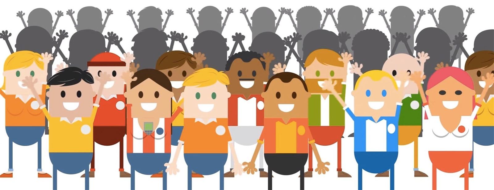 Multidão de personagens ilustrados do Enraizando torcendo com os braços para cima