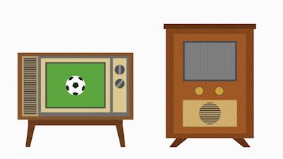 Animação de televisões antigas mostrando uma bola de futebol