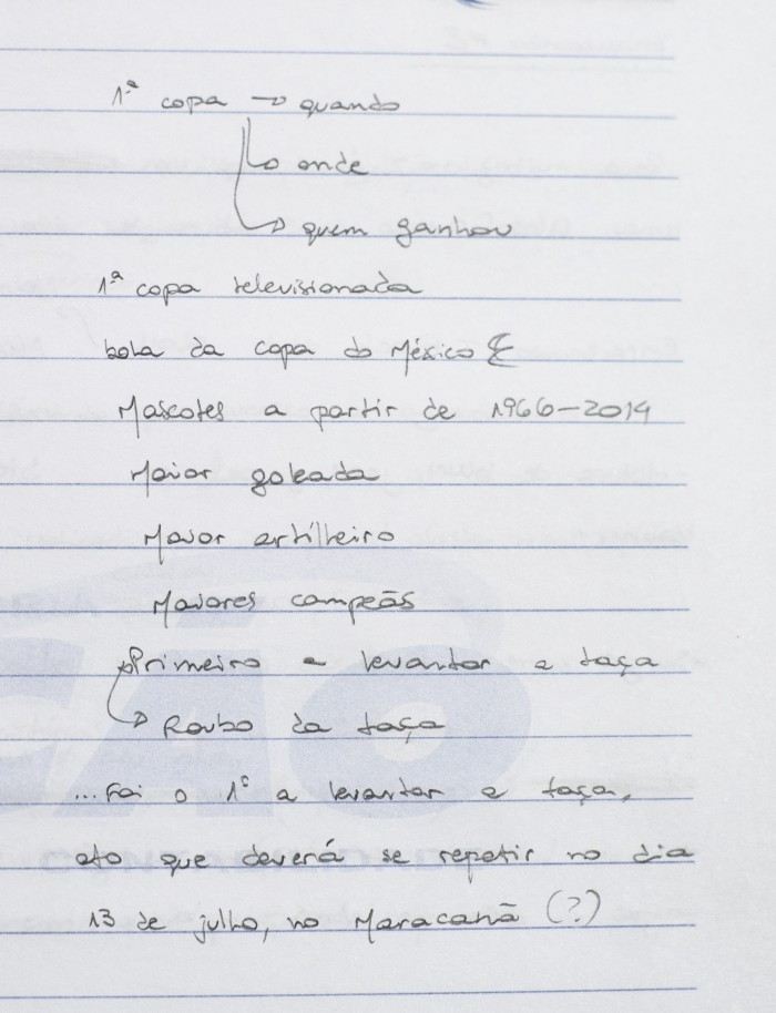 Anotações manuscritas em um caderno para o roteiro do episódio