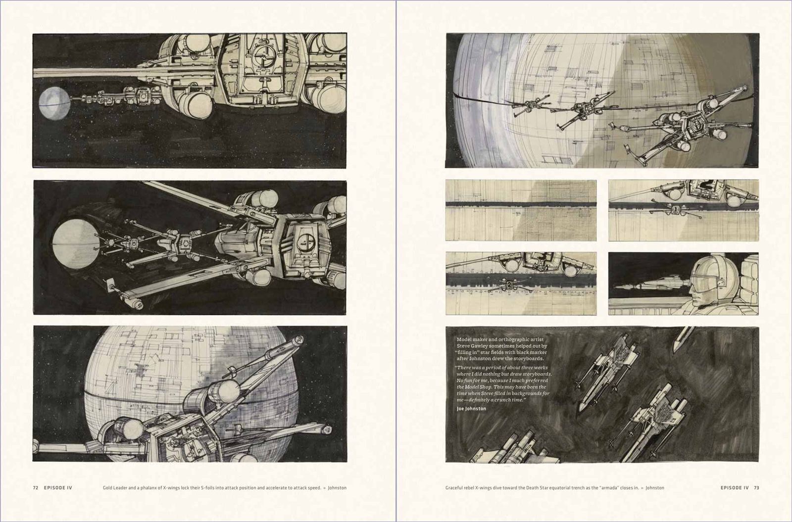 Páginas de livro com os storyboards do primeiro Star Wars, desenhados por Joe Johnston