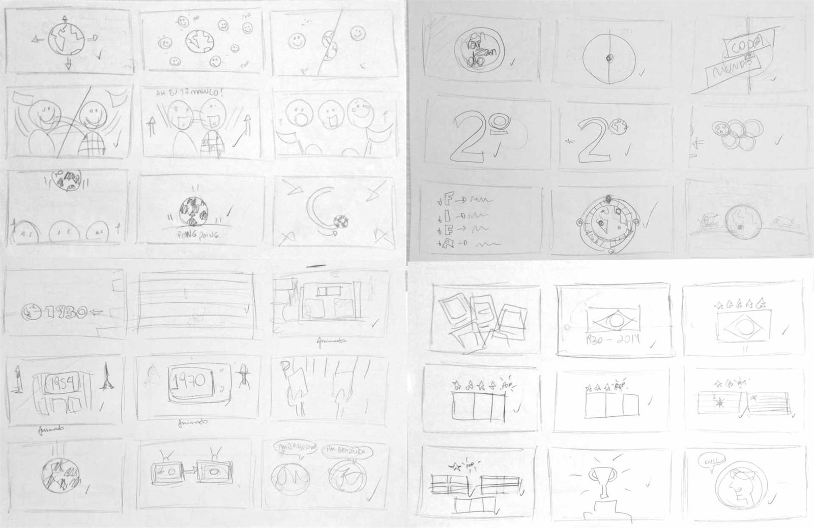 Páginas do storyboard do episódio da Copa, com esboços a lápis