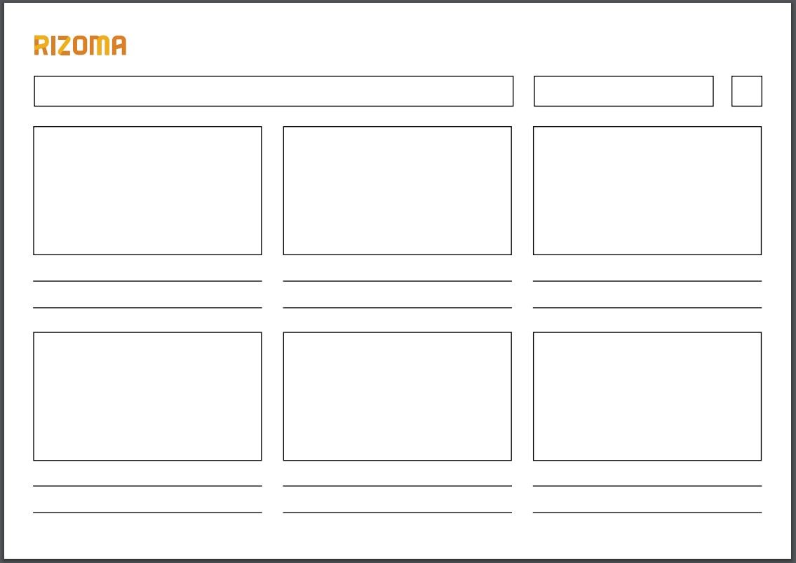Modelo de storyboard do Rizoma, com quadros em branco e linhas para anotações