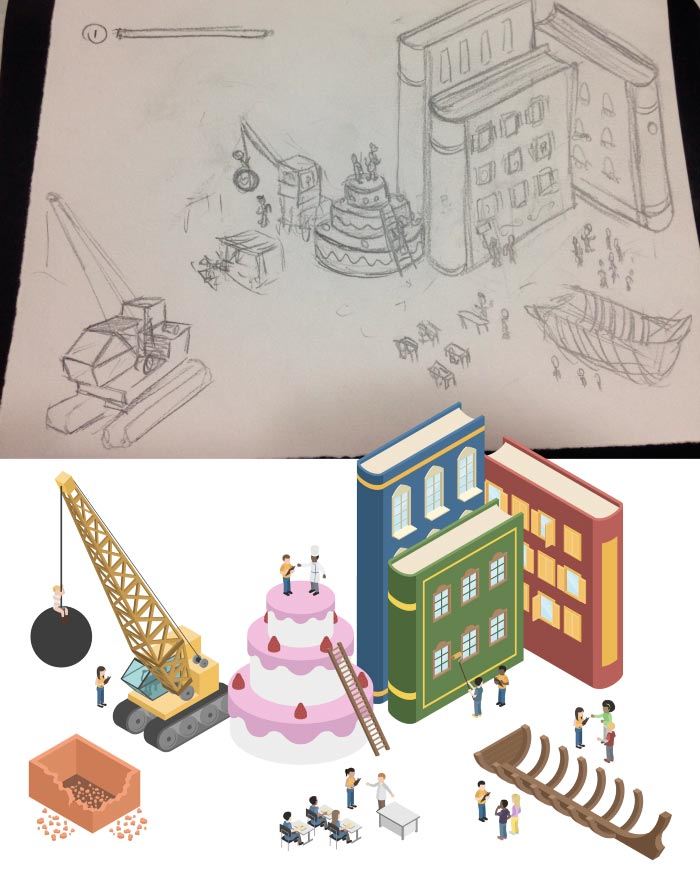 Rascunho a lápis de um guindaste e uma cidade, acima da ilustração finalizada da mesma cena
