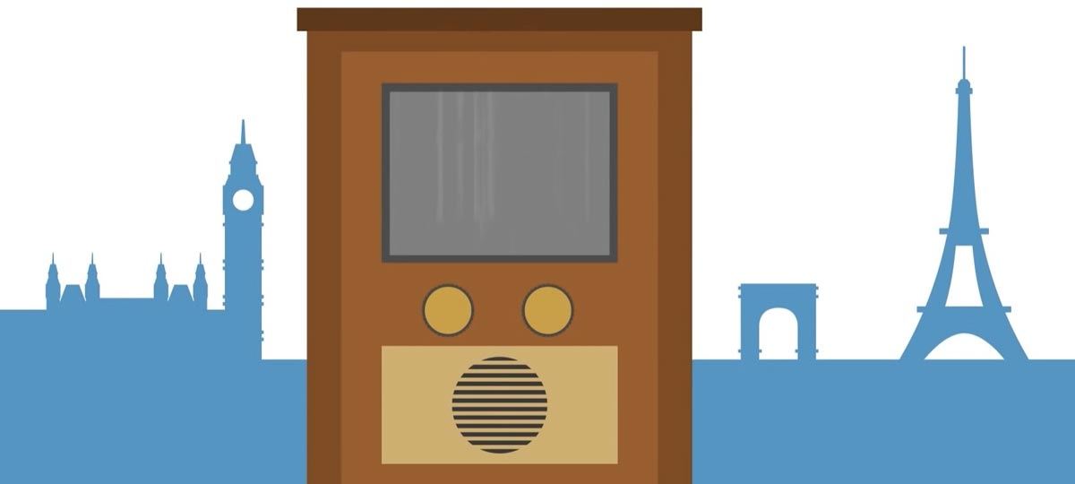 Ilustração de um rádio antigo de madeira entre o Big Ben e a Torre Eiffel