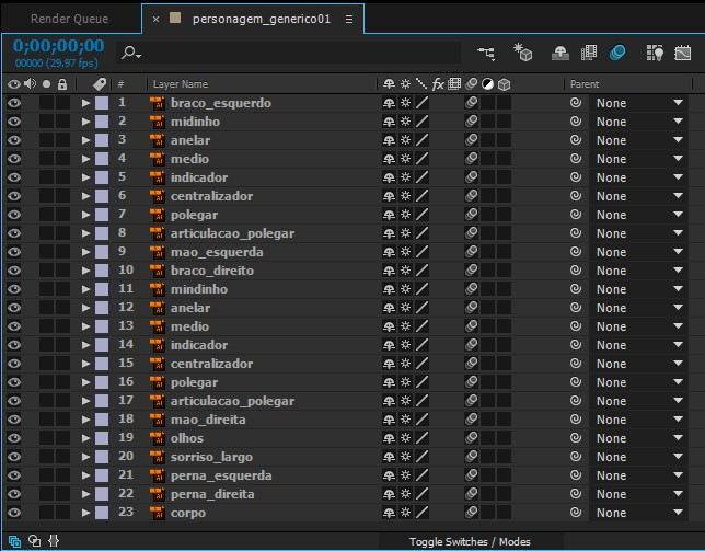 Linha do tempo do After Effects com as camadas do personagem prontas para animar