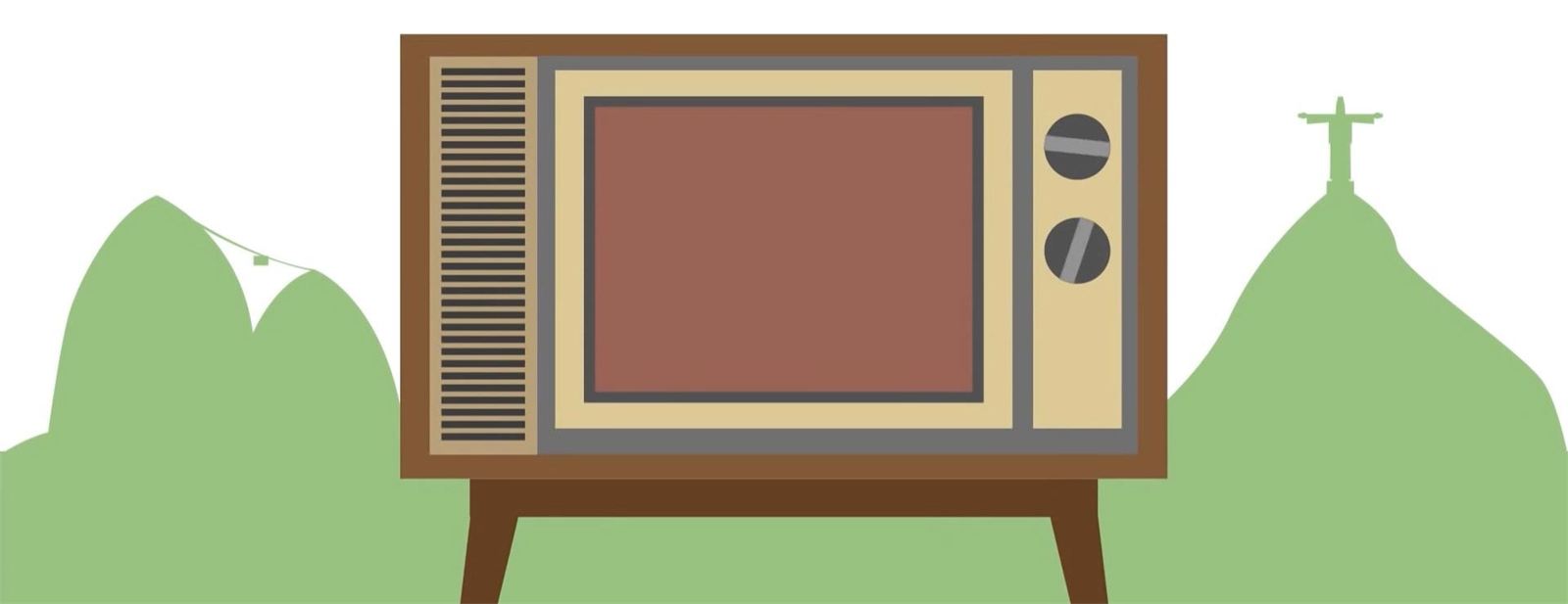 Ilustração de uma televisão antiga entre morros, com o Cristo Redentor ao fundo