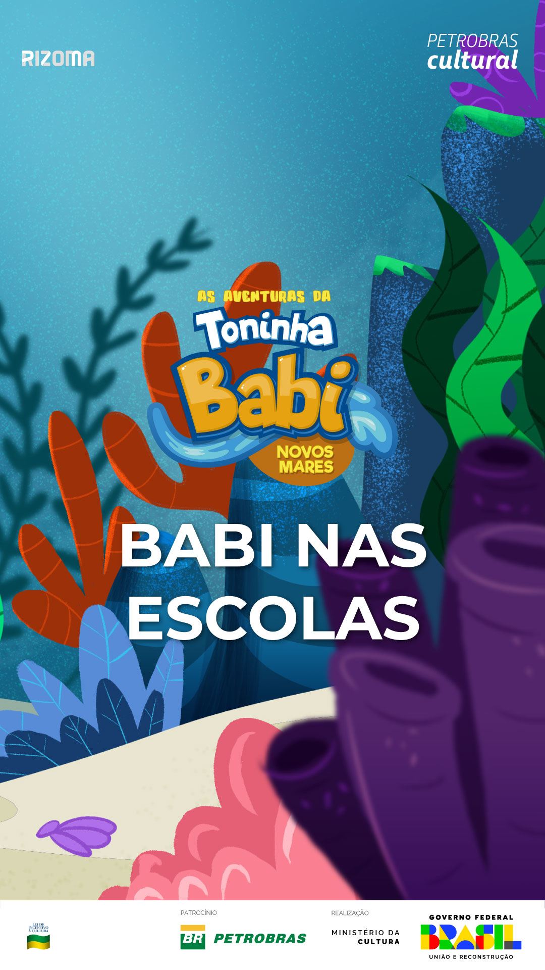 Cartaz "Babi nas escolas" com a toninha Babi e peixes no fundo do mar