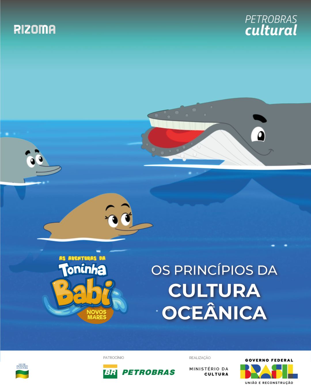 Cartaz sobre os princípios da Cultura Oceânica com a toninha Babi e uma baleia