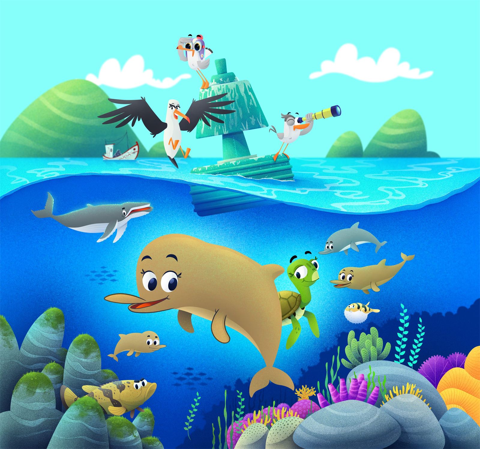 Pôster de As Aventuras da Toninha Babi – Novos Mares, com a toninha Babi, a tartaruga Tati e outros animais no fundo do mar