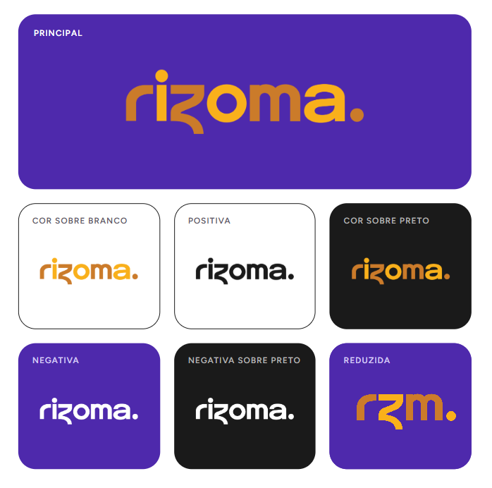 Versões da assinatura rizoma.: principal em laranja e amarelo sobre violeta, cor sobre branco, positiva em preto, cor sobre preto, negativa em branco sobre violeta e sobre preto, e a reduzida rzm.
