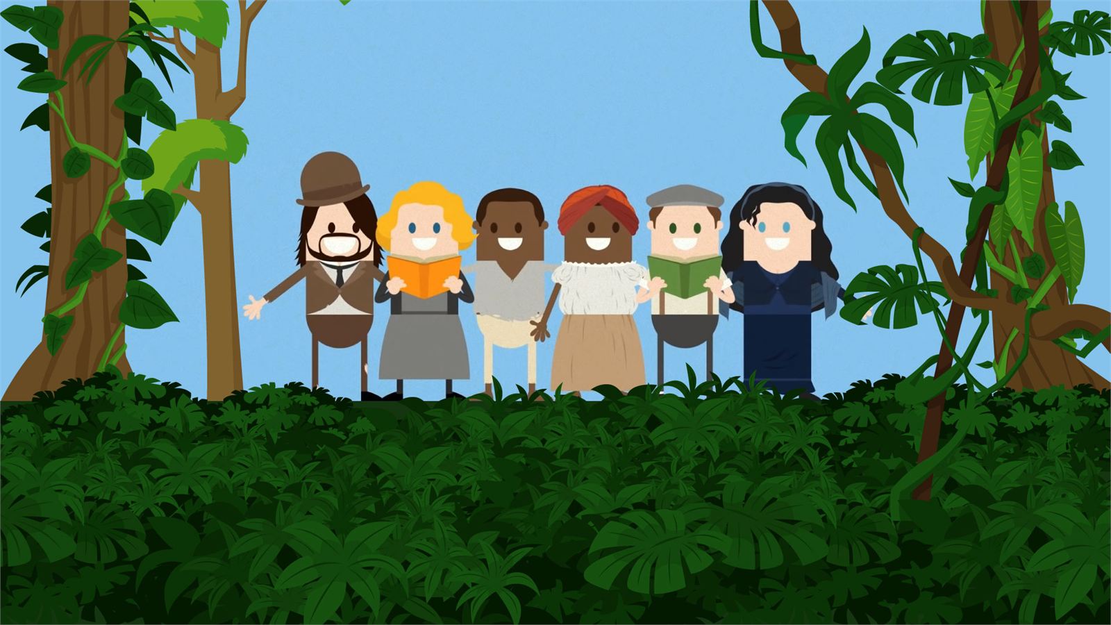 Personagens históricos do Enraizando reunidos em uma floresta