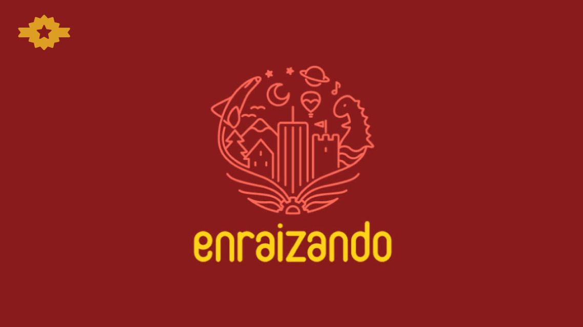 Marca do Enraizando sobre fundo vermelho