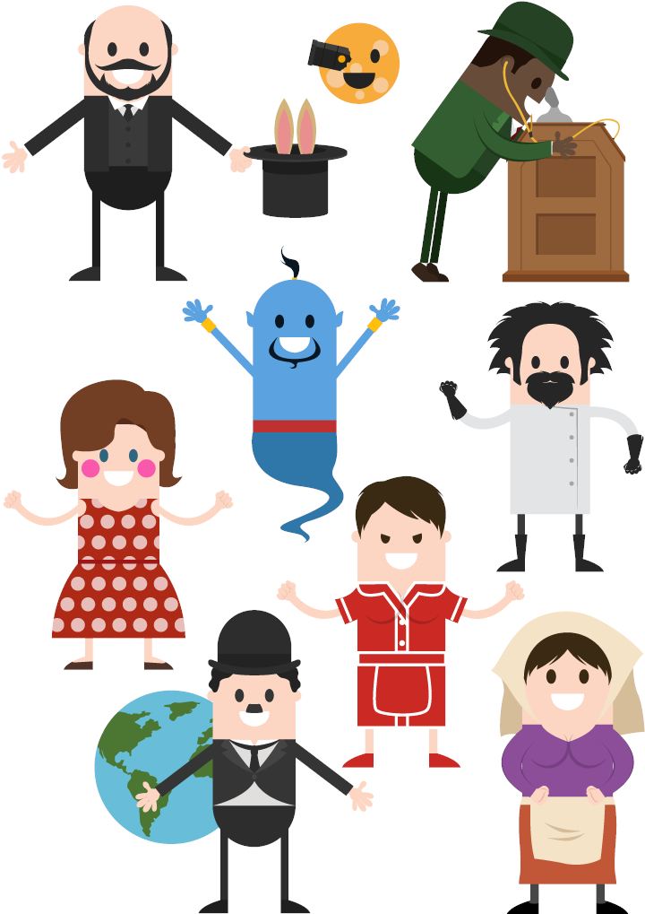 Personagens do Enraizando: figuras históricas e objetos ilustrados