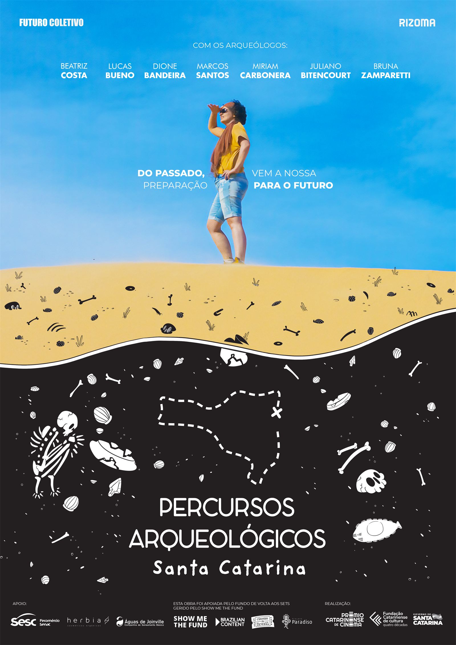 Cartaz do filme: Beatriz Costa no alto de uma duna; sob a areia, ossos, conchas e o mapa de Santa Catarina