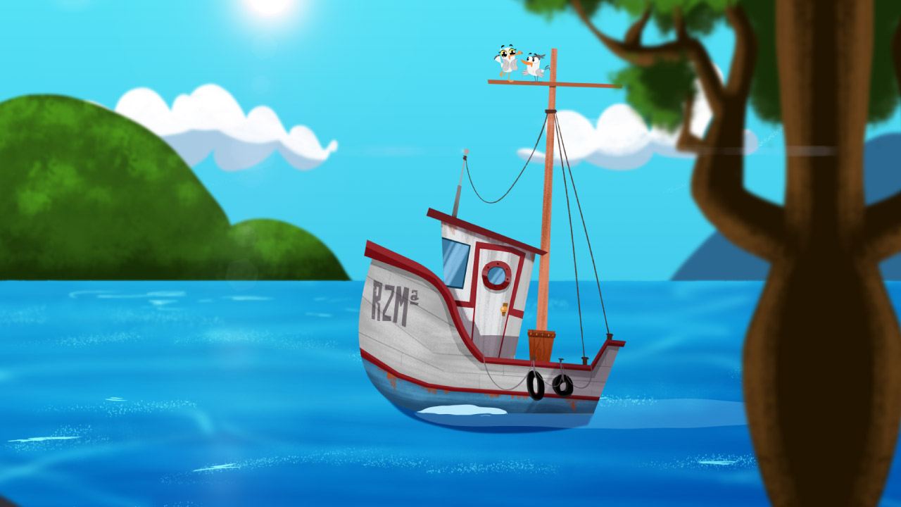 Barco de pesca e toninhas no mar