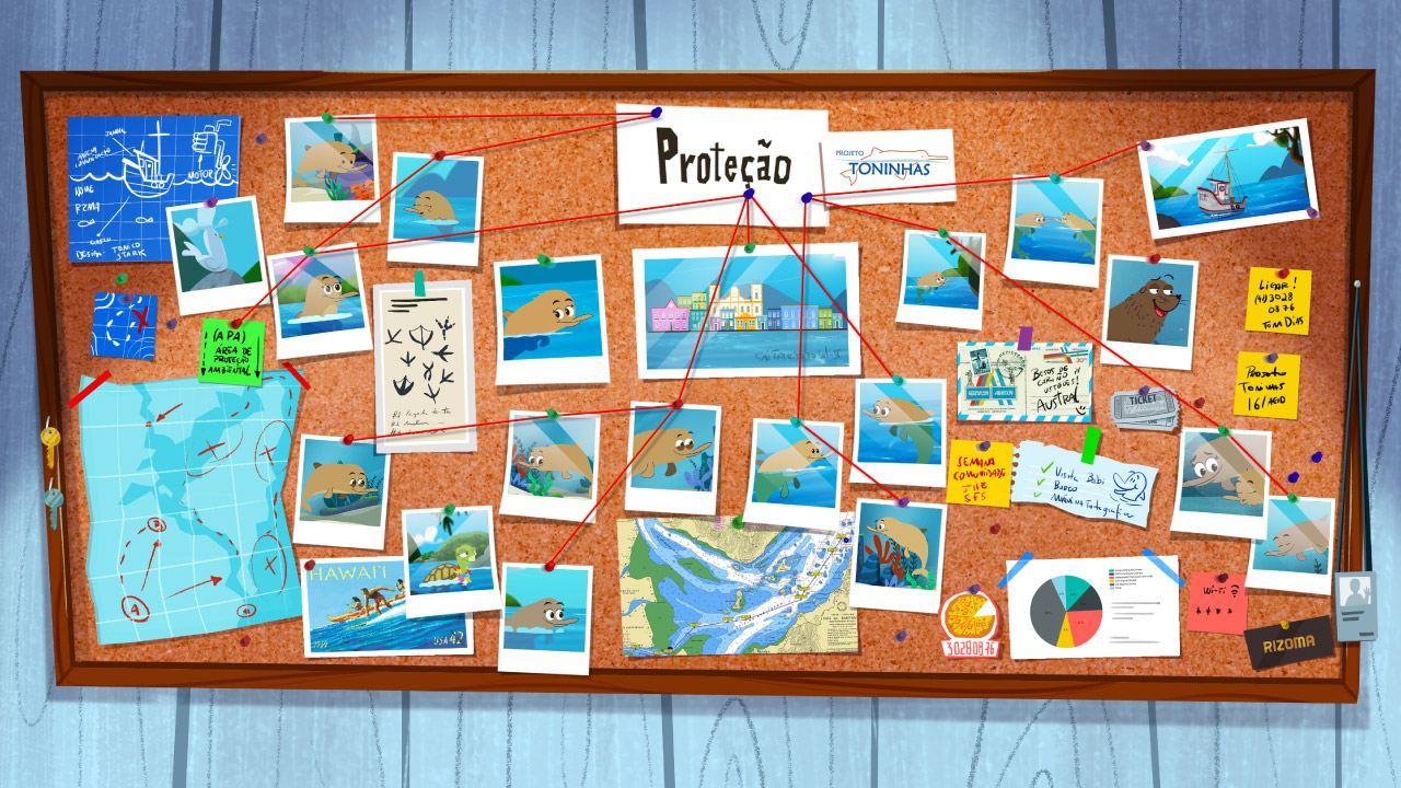 Mural de pesquisa sobre toninhas com fotos e anotações