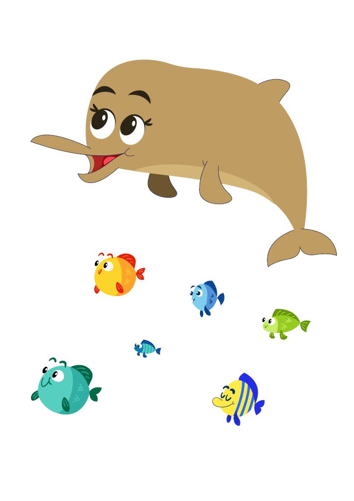 Personagens da série: toninha, peixes e tartaruga