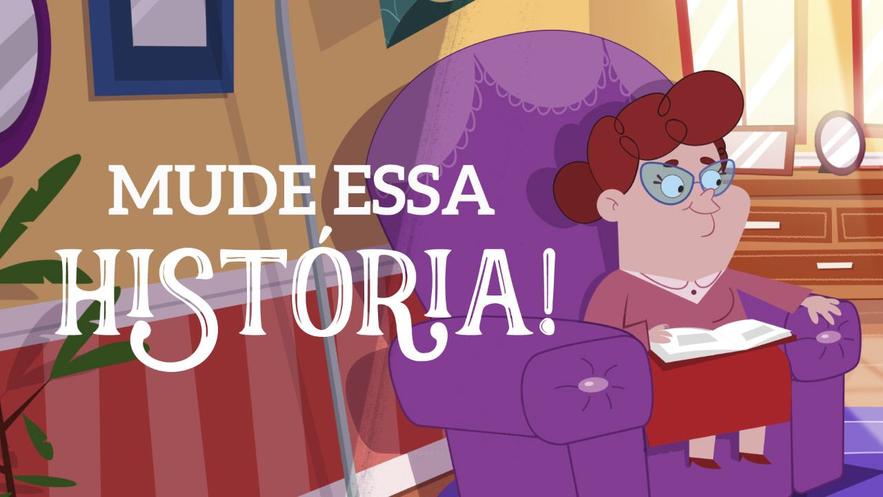 Título Mude Essa História com personagem na poltrona