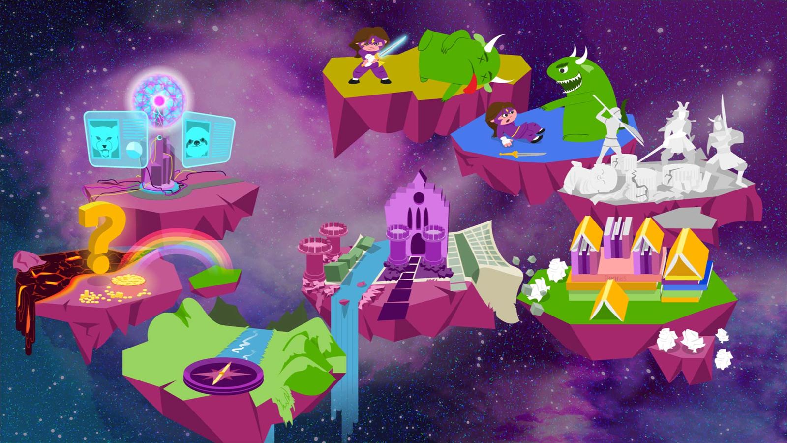 Ilhas flutuantes coloridas da apresentação O Jogo da Colaboração