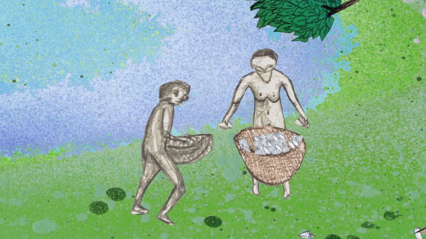 Ilustração de povos sambaquianos coletando conchas