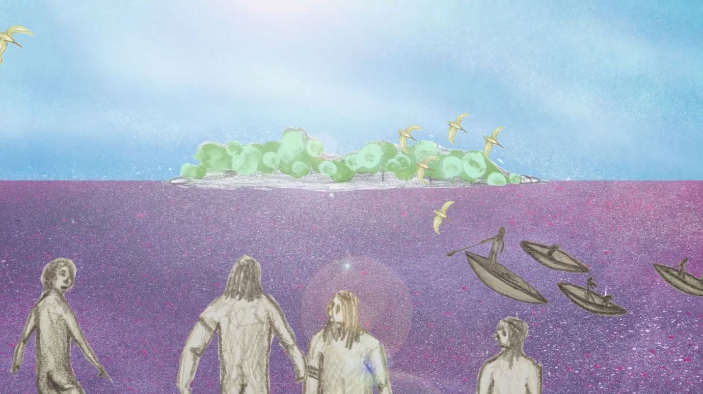 Pessoas caminhando em um campo lilás, ilustração do documentário