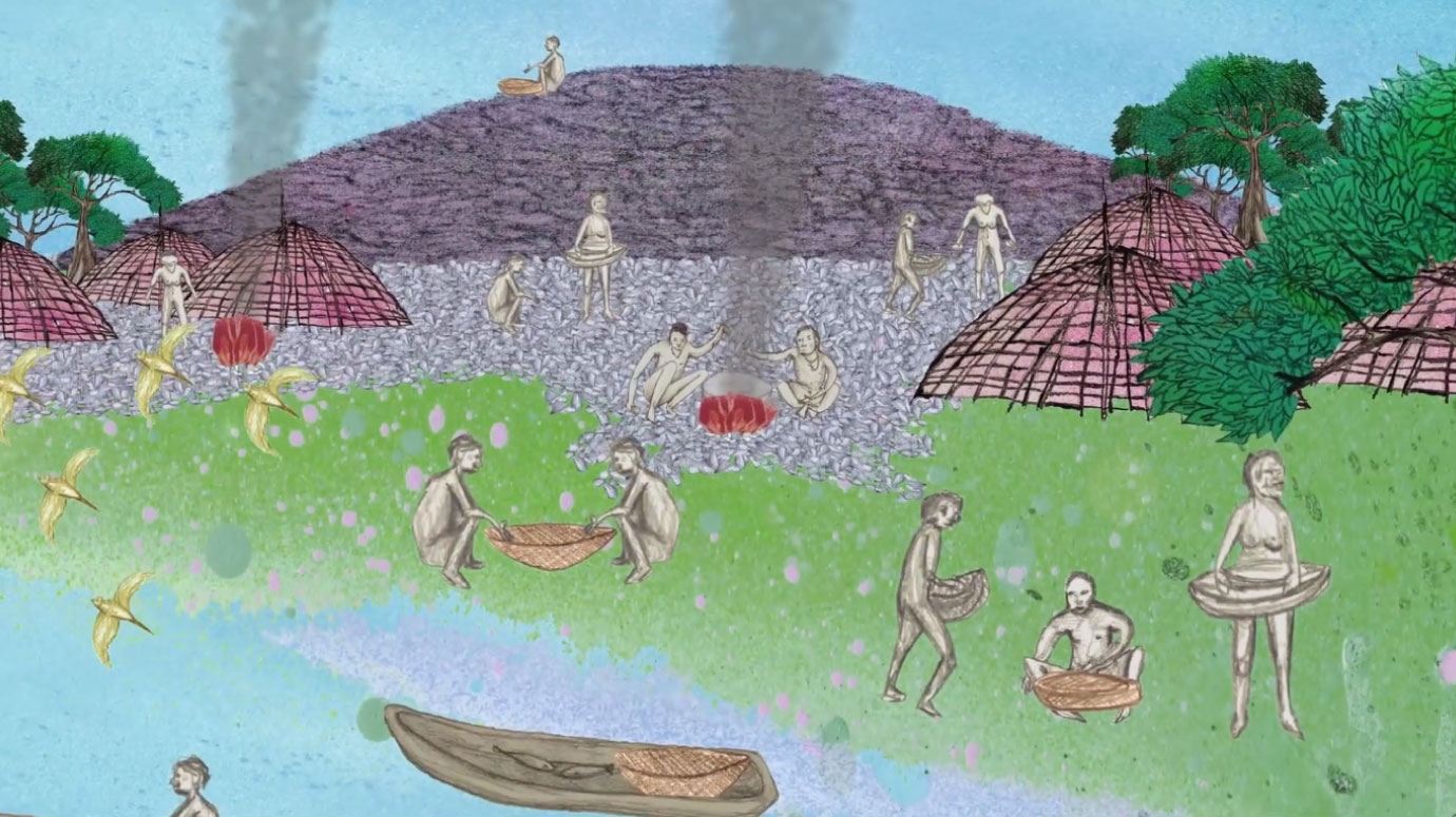 Aldeia com cabanas e pessoas ao redor de um monte