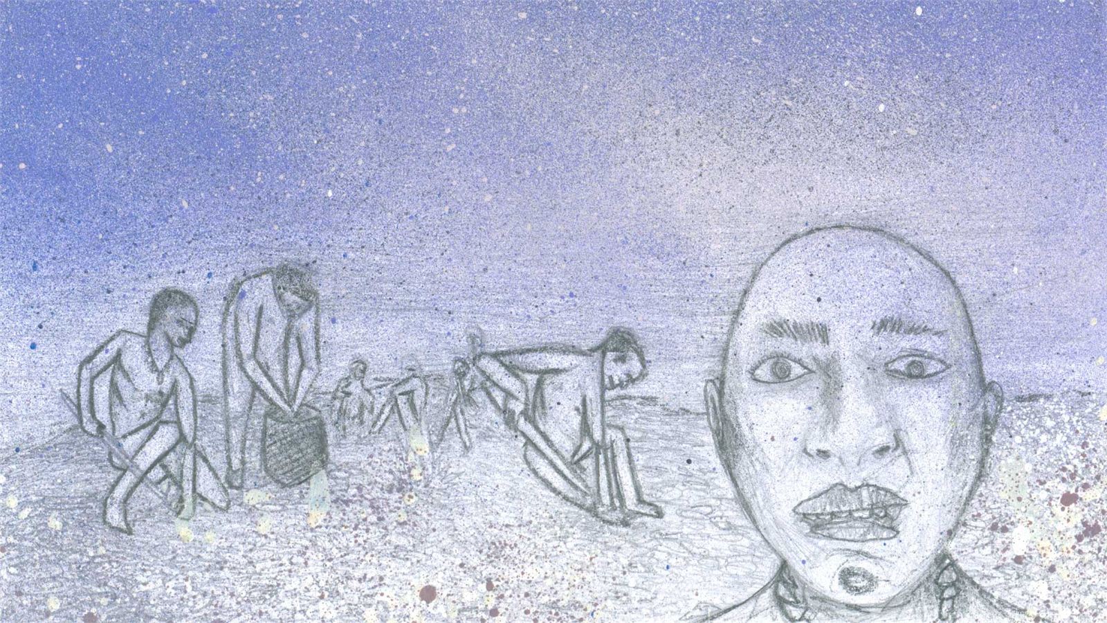 Esboço a lápis de pessoas e de um rosto, estudo de ilustração