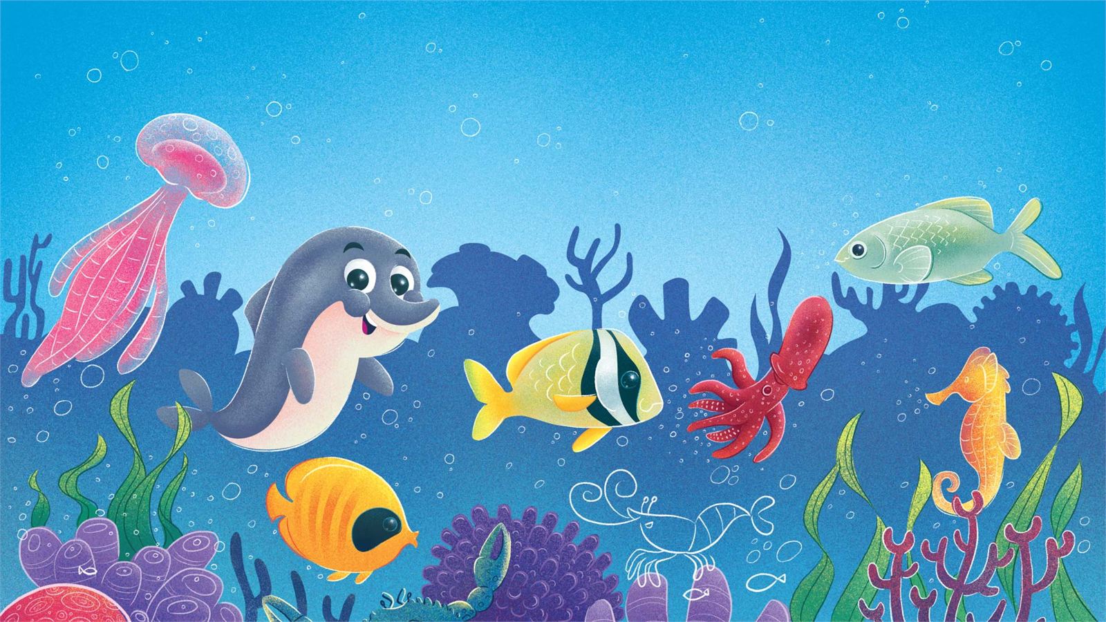 Fundo do mar com boto, peixes e águas-vivas