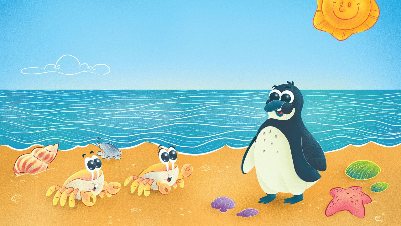 Pinguim e caranguejos na areia
