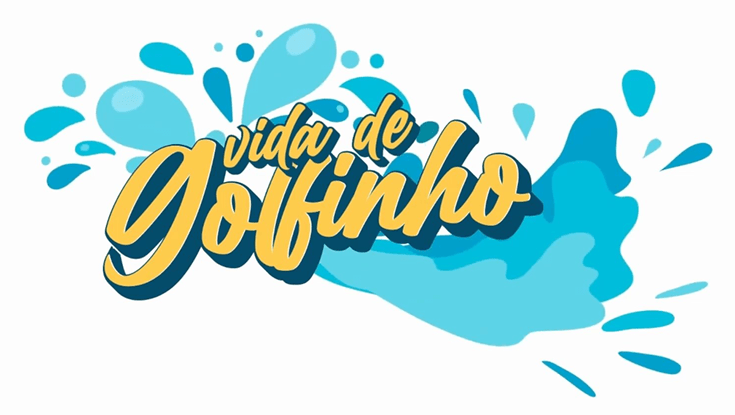 Logotipo da animação Vida de Golfinho, em letras amarelas sobre um respingo de água azul